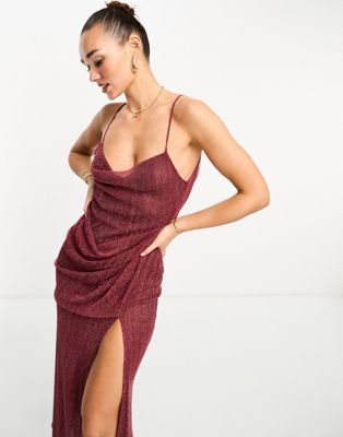 ASOS DESIGN strappy sheer cowl midi dress with drape skirt in berry shimmer knit  - ASOS Price Checker