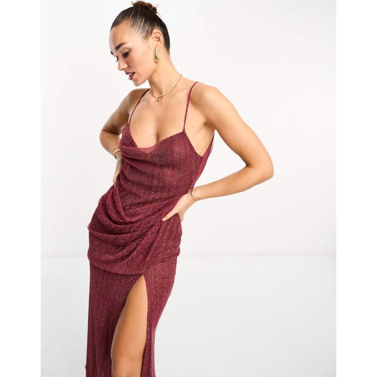 ASOS DESIGN strappy sheer cowl midi dress with drape skirt in berry shimmer knit