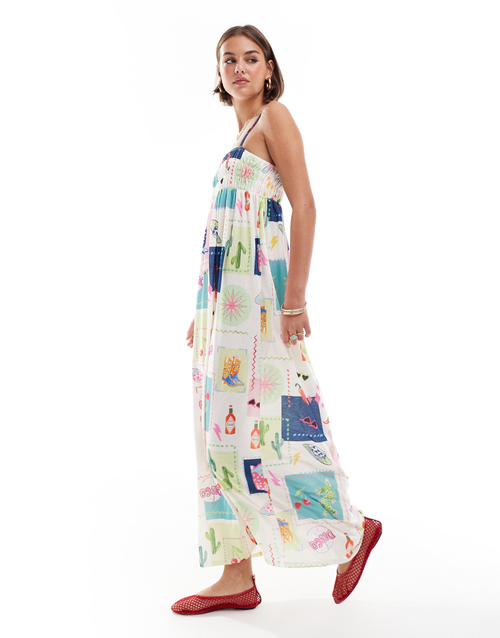 asos design strappy shirred bust textured maxi dress in postcard print