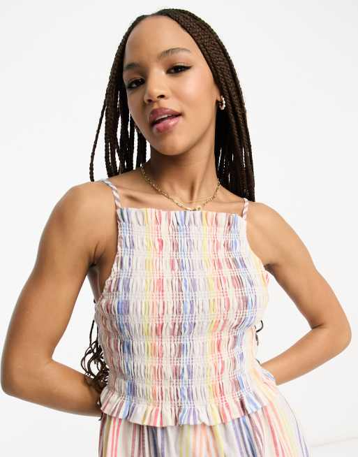 ASOS DESIGN strappy shirred romper in rainbow stripe, 2 of 4