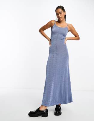 Asos Design Strappy Slinky Maxi Dress In Blue-brown