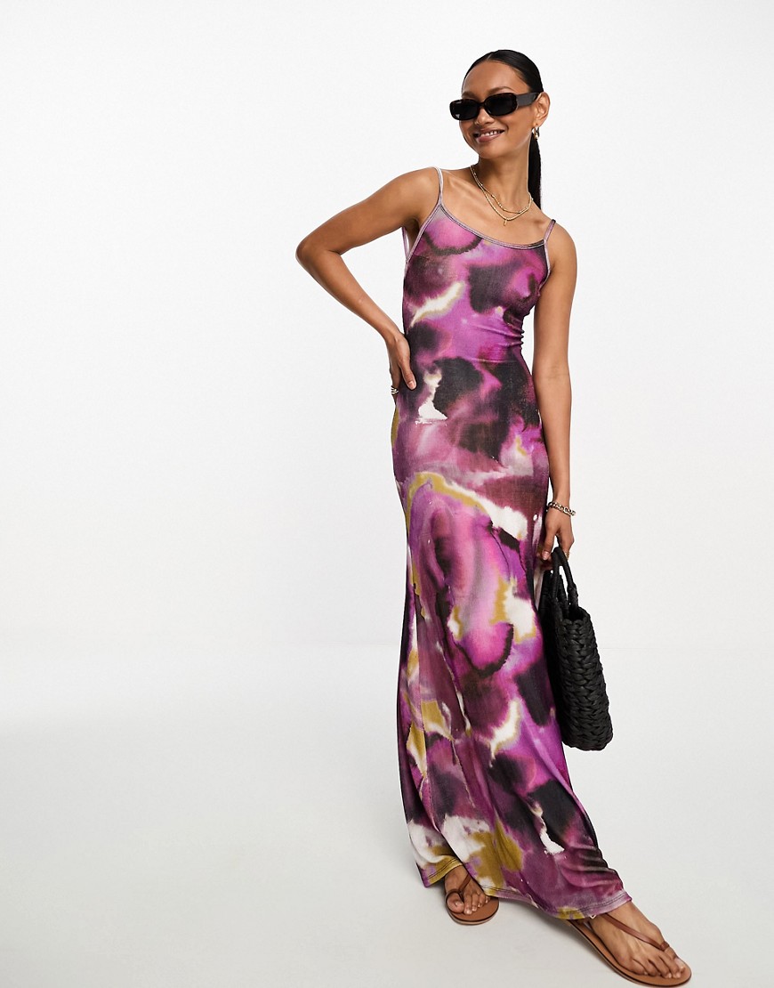 ASOS DESIGN strappy slinky maxi dress in purple abstract print-Multi