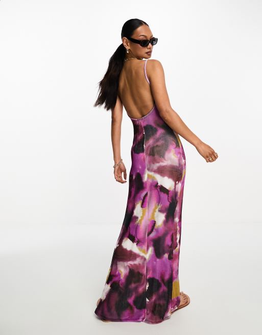 ASOS DESIGN strappy slinky maxi dress in purple abstract print