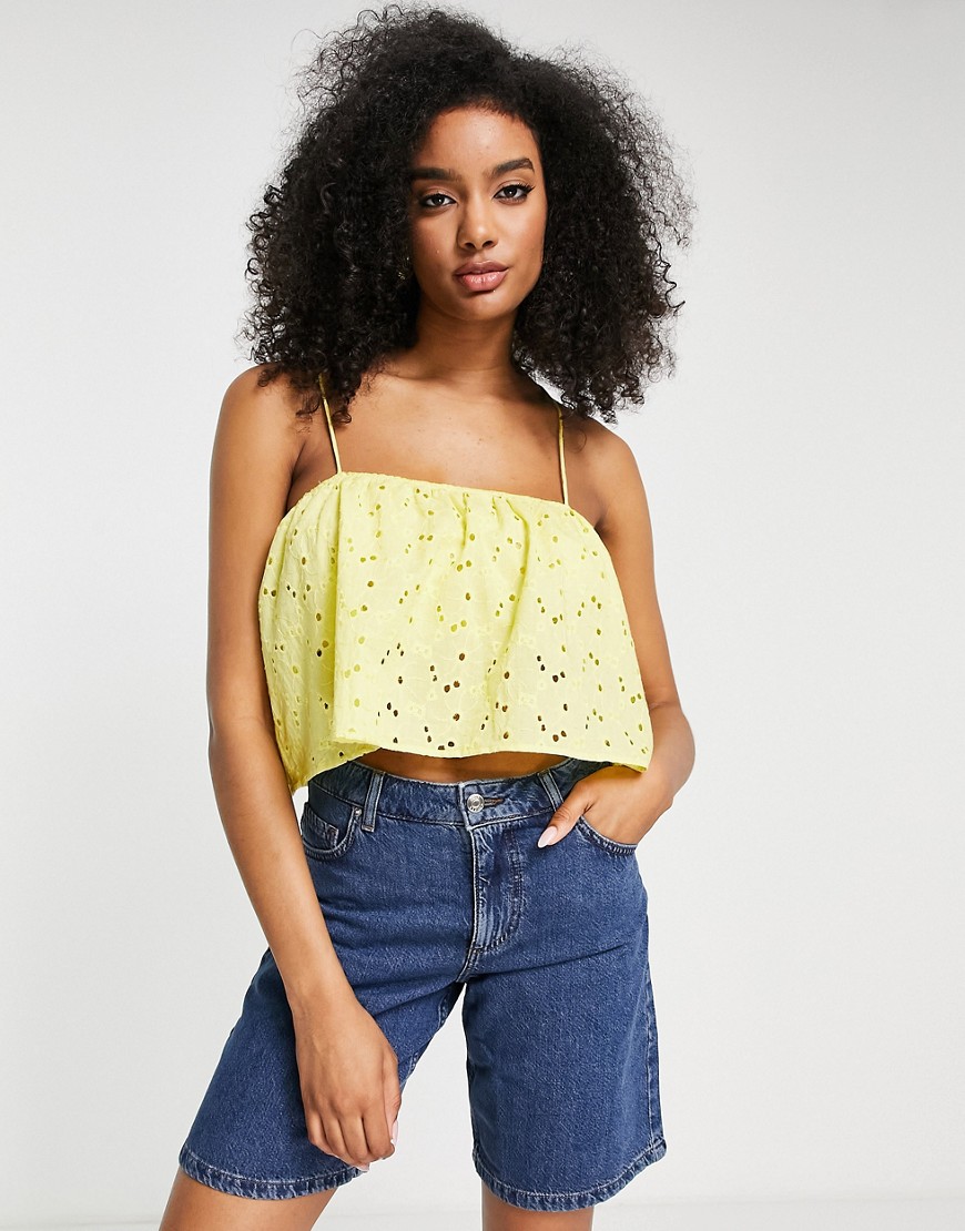 Asos Design Strappy Smock Broderie Cami In Yellow