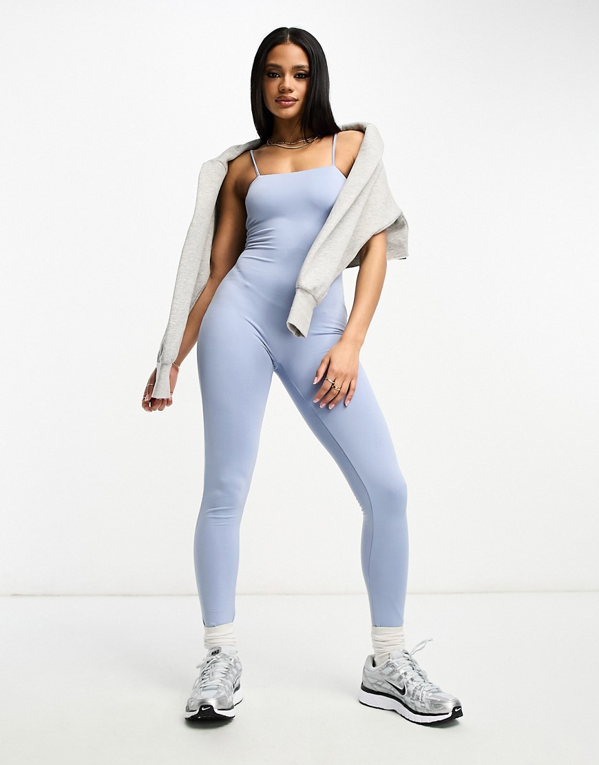 ASOS DESIGN strappy soft touch unitard jumpsuit in chambray blue