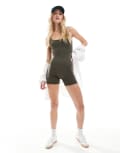 [ASOS DESIGN] ASOS DESIGN strappy soft touch unitard playsuit in khaki-Green 18 KHAKI
