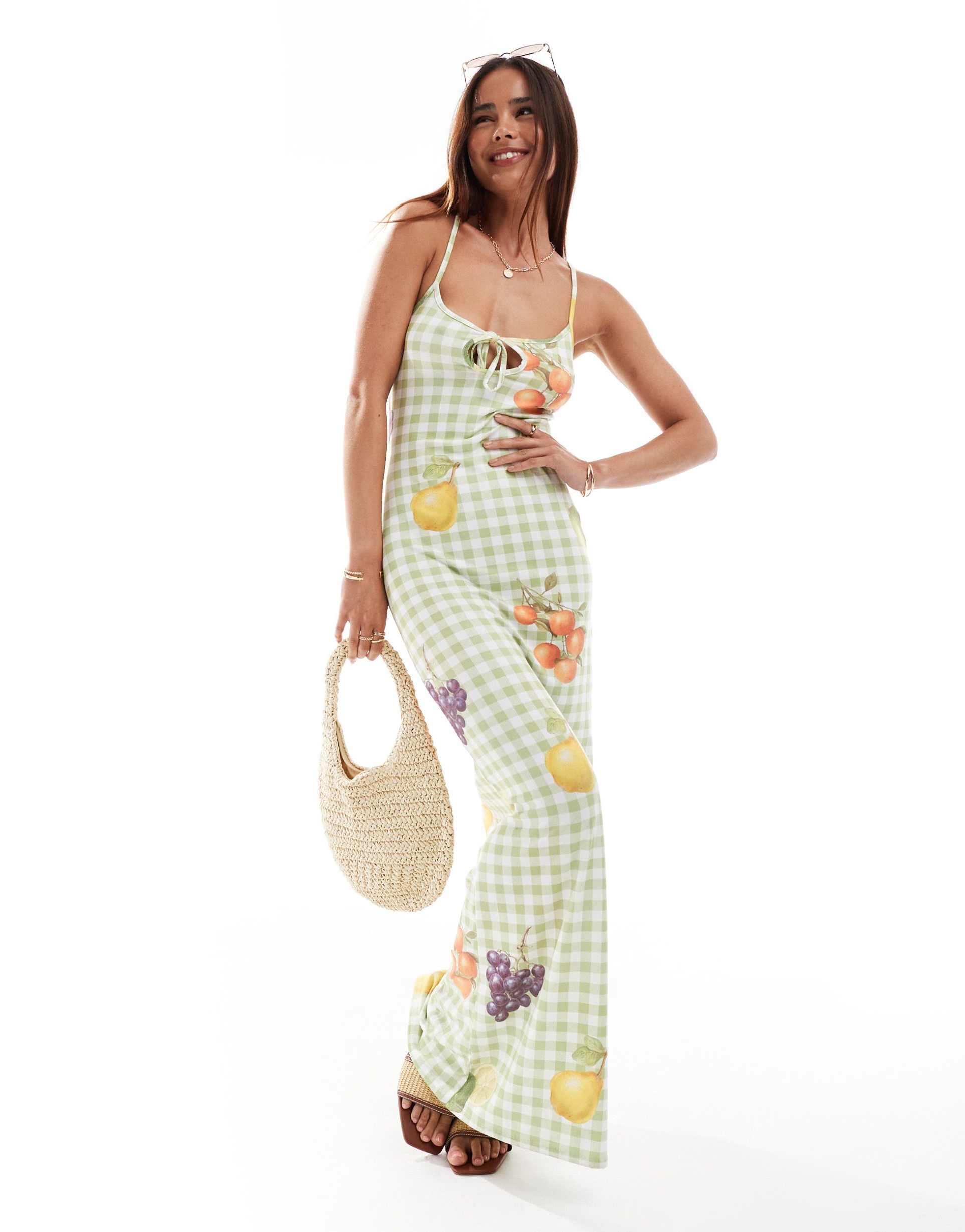 asos design strappy square neck gingham midaxi dress in picnic print