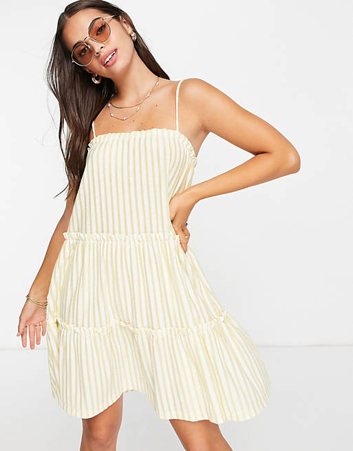 Women strappy sundress with tiered frill detail in buttermilk stripe 