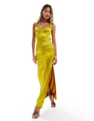 Shop Asos Design Strappy Sweet Heart Neckline Midi Dress With Contrast Trim In Green