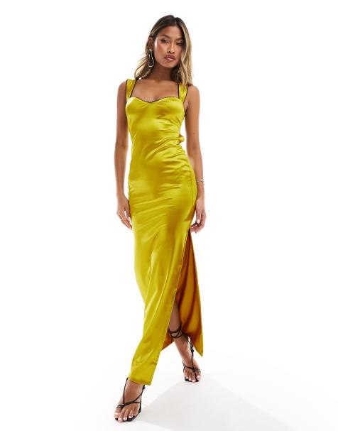 ASOS DESIGN strappy sweet heart neckline midi dress with contrast trim in olive green - view 1