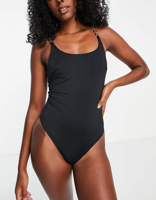 ASOS DESIGN strappy swimsuit with chain detail in black