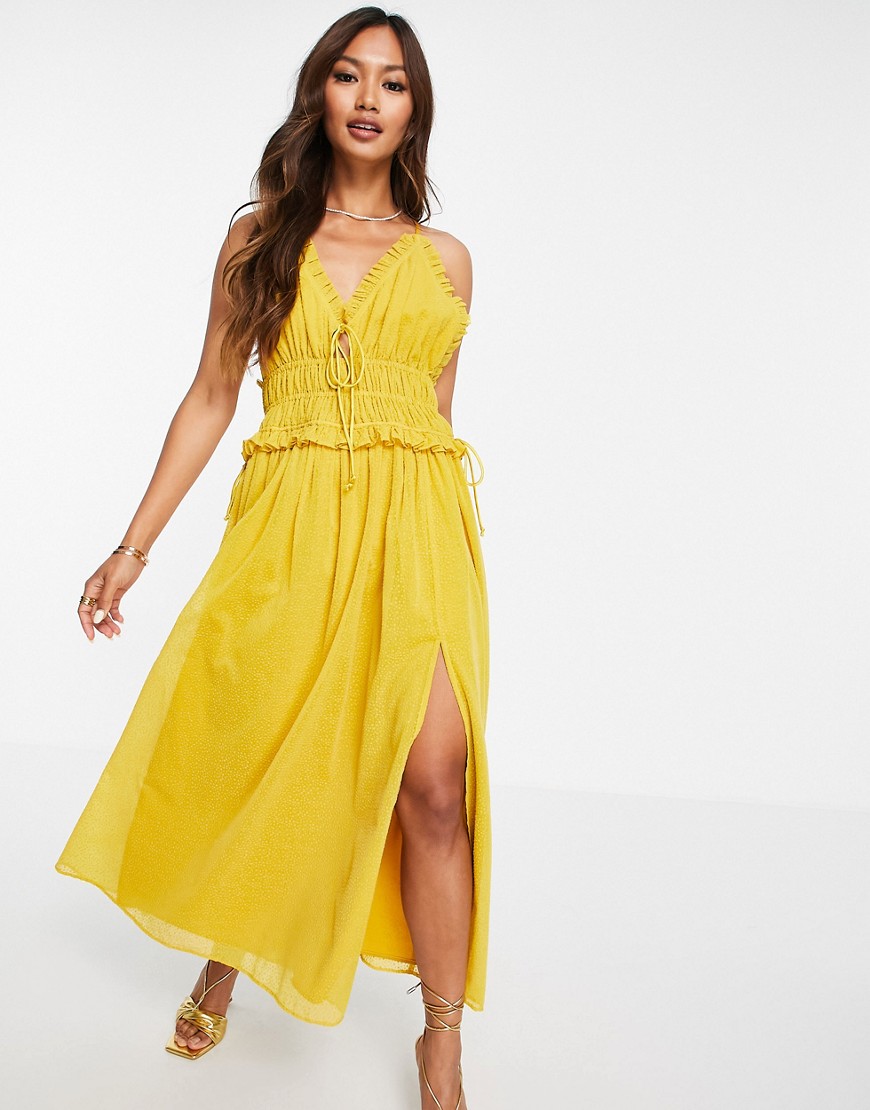 ASOS DESIGN strappy textured spot detail midi dress with ruched waist in yellow