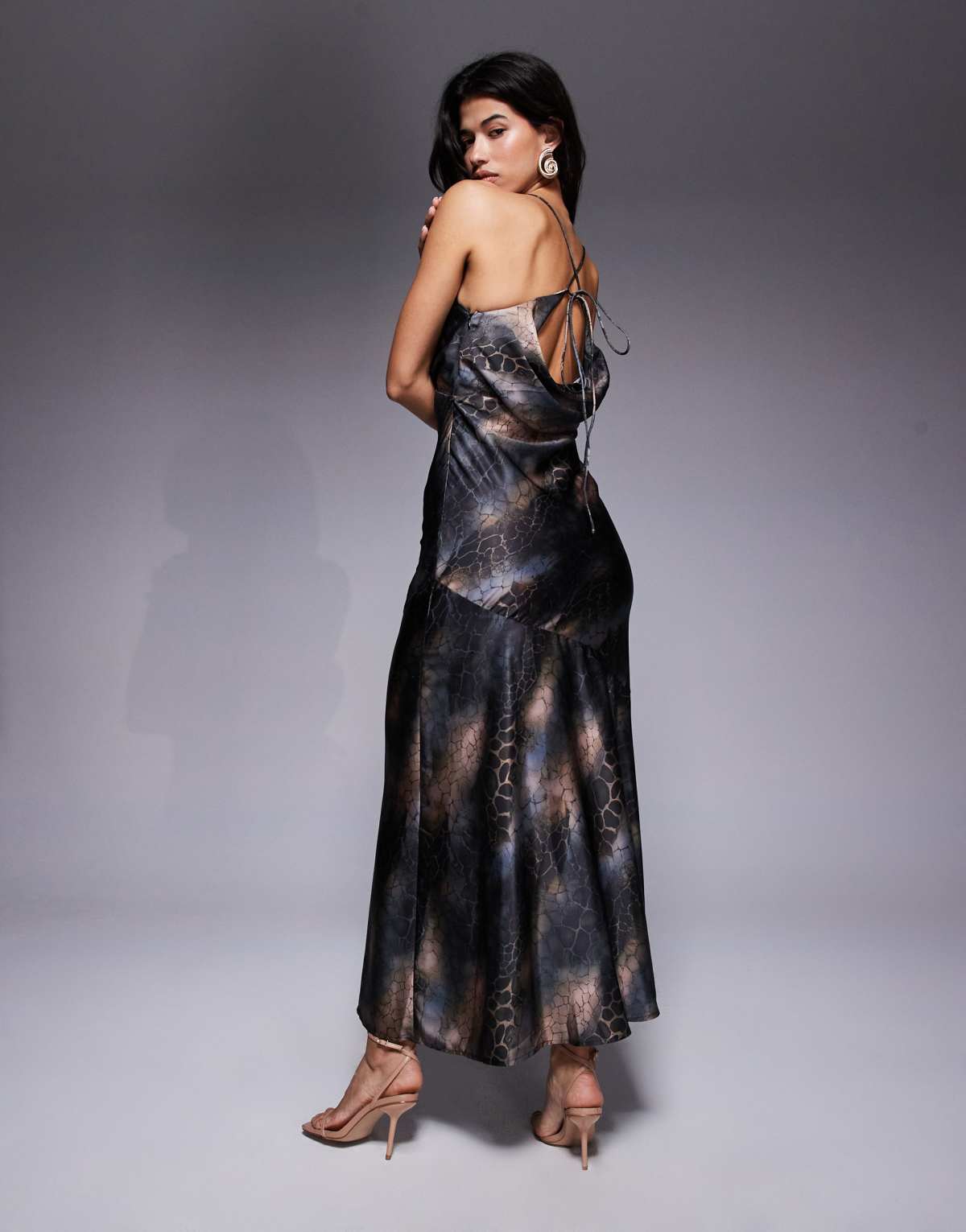 ASOS DESIGN strappy tie back cowl front satin maxi dress in dark snake print