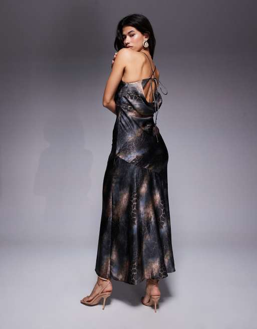 ASOS DESIGN strappy tie back cowl front satin maxi dress in dark snake print, 3 of 4