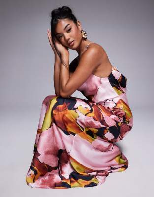 Asos Design Strappy Tie Back Cowl Front Satin Maxi Dress In Multi
