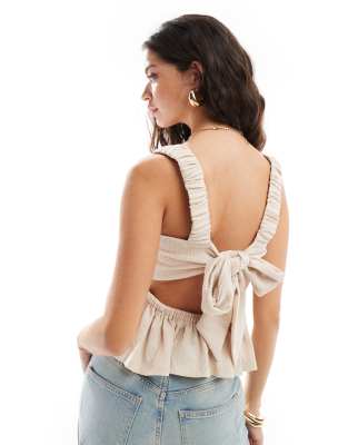 strappy tie back smock top in stone-Neutral