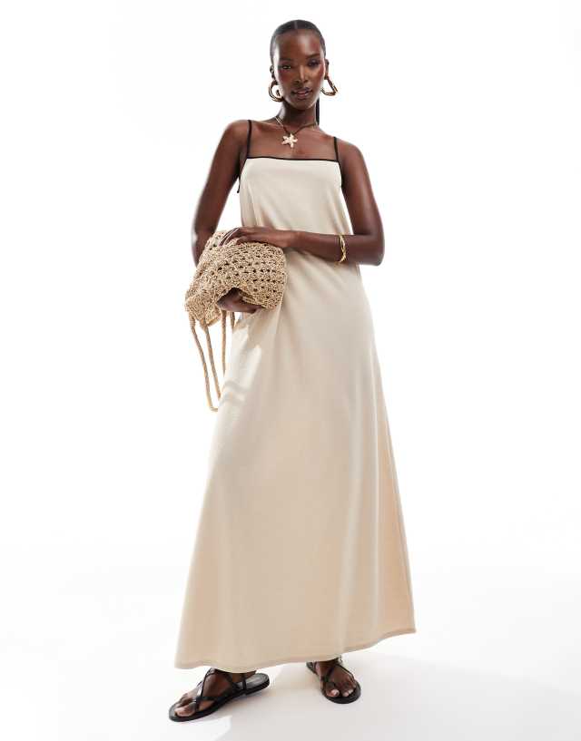 ASOS DESIGN strappy trapeze maxi dress in stone with contrast straps in black