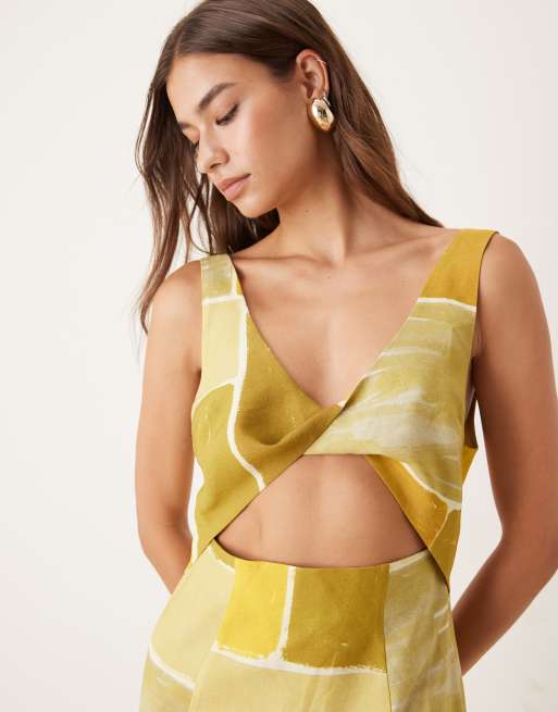 ASOS DESIGN strappy twist bust detail cut out midi dress in abstract square print