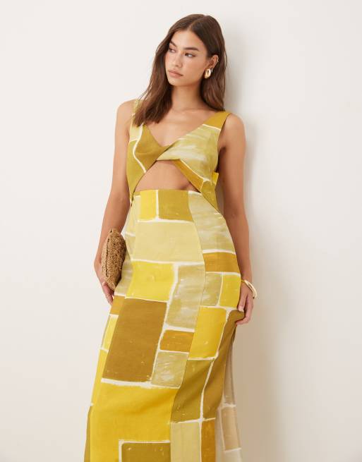 ASOS DESIGN strappy twist bust detail cut out midi dress in abstract square print