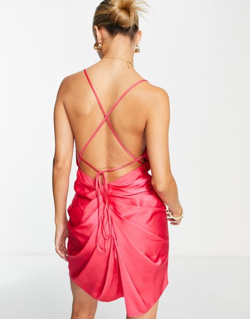 ASOS DESIGN Satin halter neck backless mini dress with waist detail in red