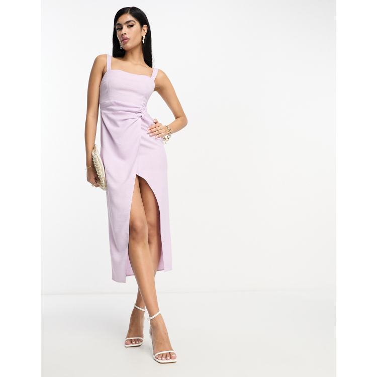 ASOS DESIGN strappy twist waist midi dress with wrap split in lilac