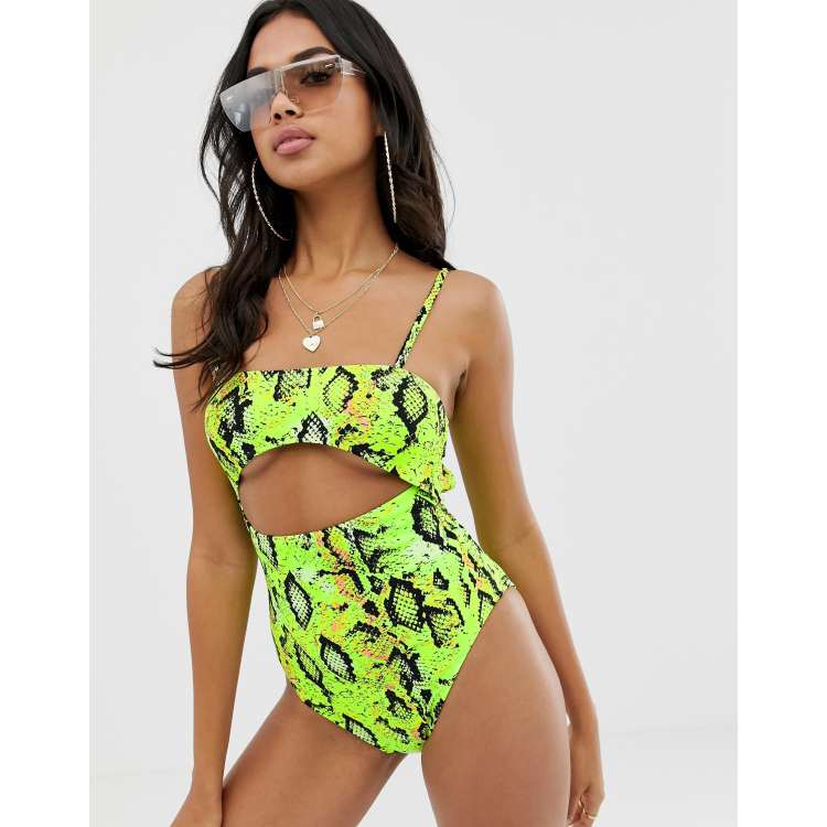 ASOS DESIGN strappy underboob cut out swimsuit in neon snake print