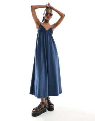 Asos Design Strappy V Neck Crochet Maxi Skater Dress In Indigo-blue