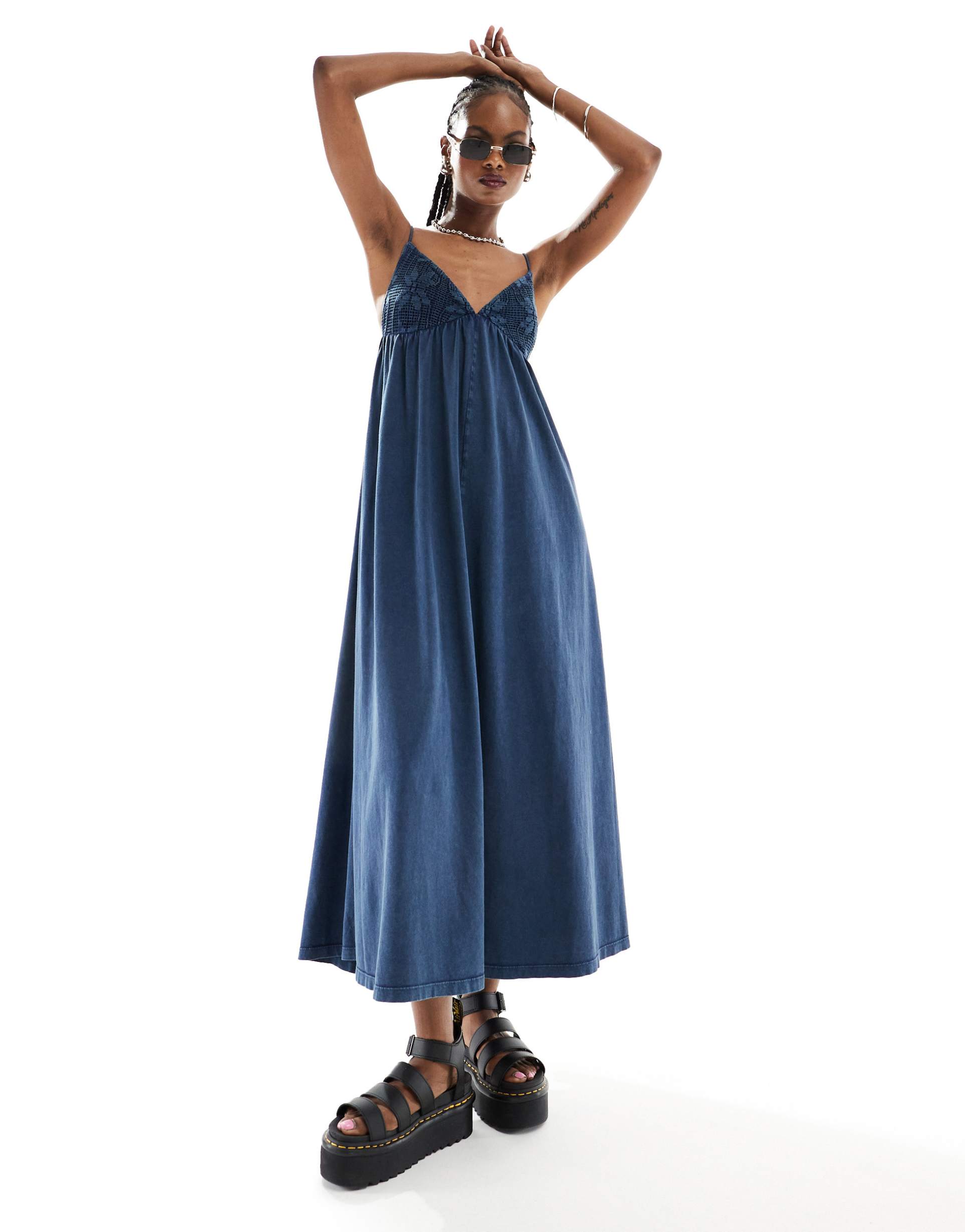 asos design strappy v neck crochet maxi skater dress in indigo