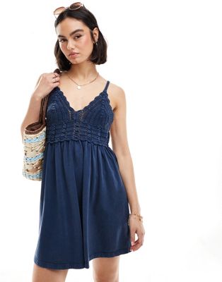 Asos Design Strappy V-neck Crochet Mini Skater Dress In Washed Indigo Blue