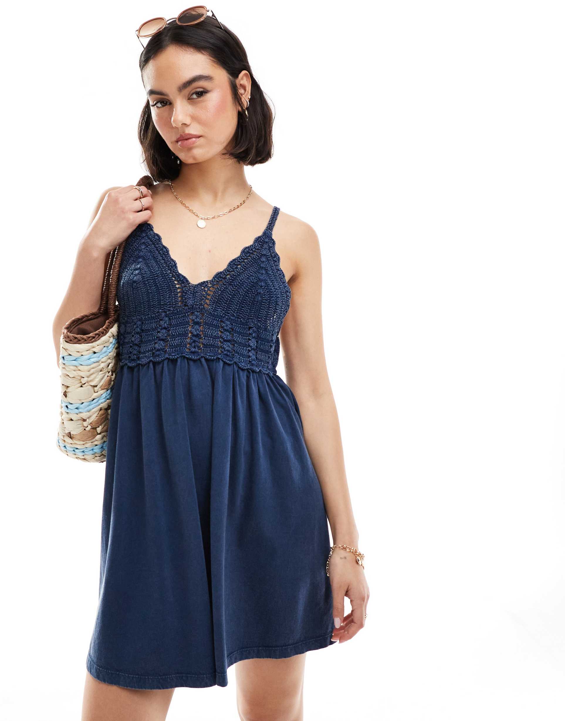 asos design strappy v-neck crochet mini skater dress in washed indigo blue