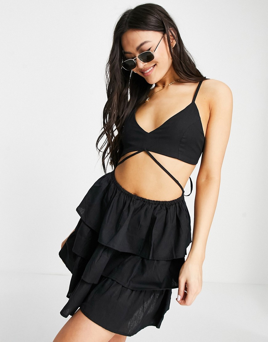 ASOS DESIGN strappy wrap around mini sundress with tiered skirt in black