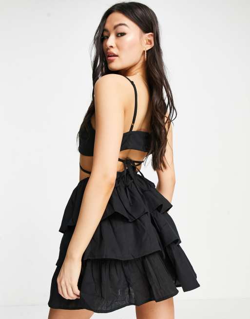 ASOS DESIGN strappy wrap around mini sundress with tiered skirt in black, 2 of 4