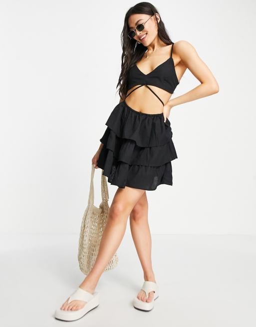 ASOS DESIGN strappy wrap around mini sundress with tiered skirt in black, 4 of 4