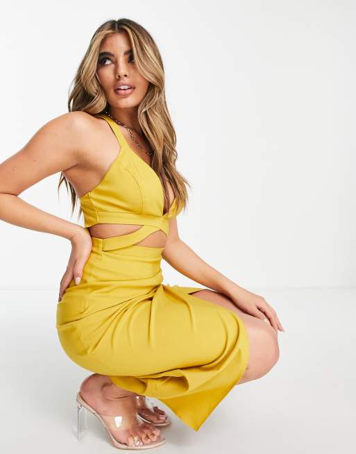 ASOS DESIGN strappy wrap midi dress with pleat detail skirt in mustard ASOS