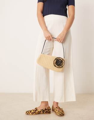 Asos Design Straw Asymmetric Shoulder Bag With Flower Corsage-brown In Brown
