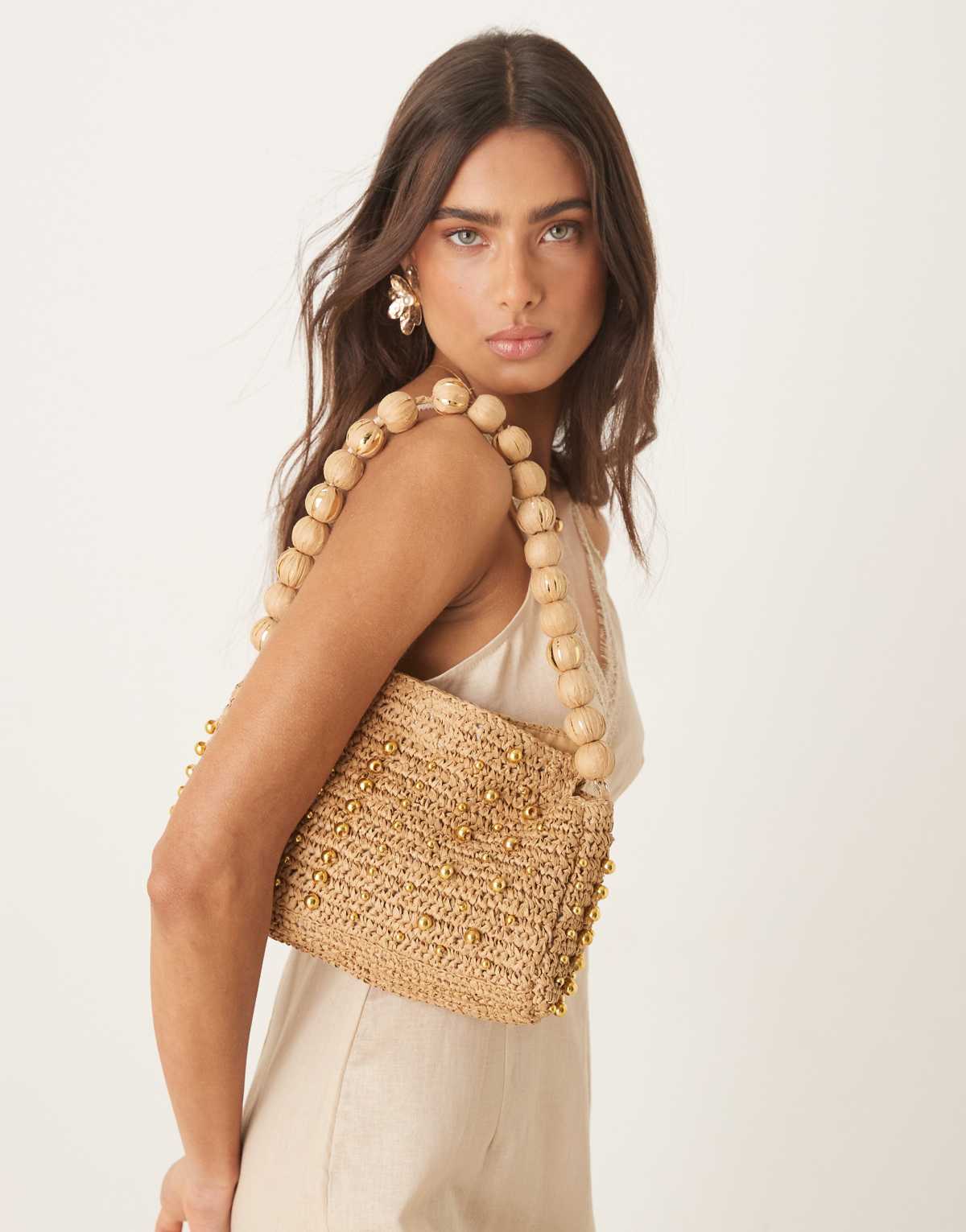 ASOS DESIGN straw beaded handle shoulder bag in neutral