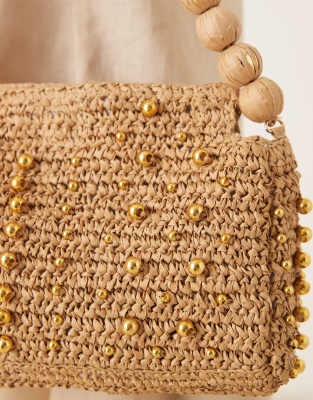 Asos Design Straw Beaded Handle Shoulder Bag In Neutral