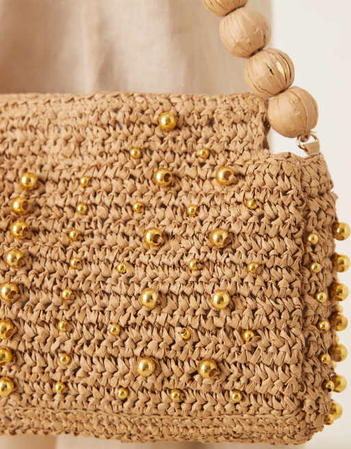 ASOS DESIGN straw beaded handle shoulder bag in neutral