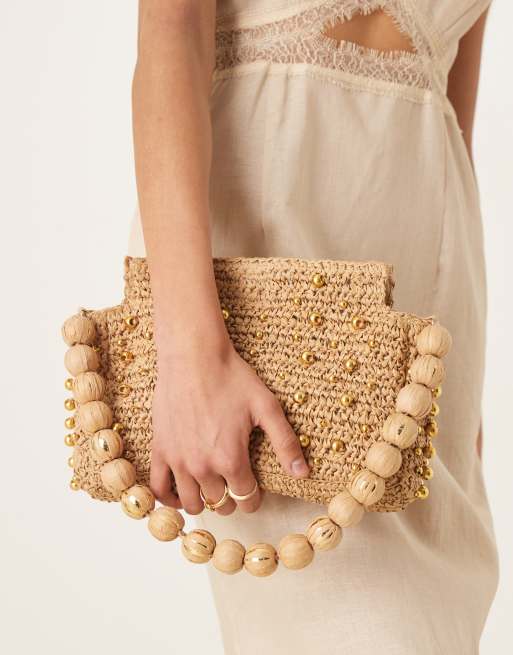 ASOS DESIGN straw beaded handle shoulder bag in neutral