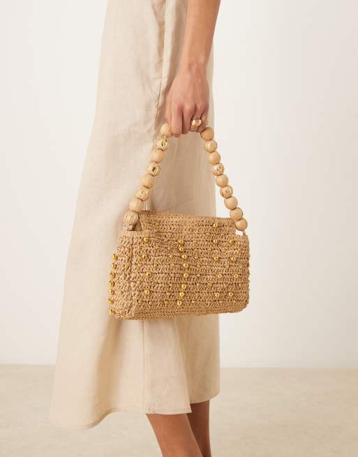 ASOS DESIGN straw beaded handle shoulder bag in neutral