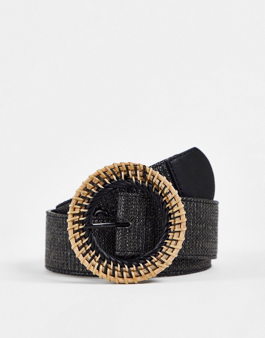 ASOS DESIGN straw belt waist and hip belt with rattan buckle in black