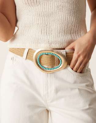 Asos Design Straw Belt With Statement Turquoise And Gold Buckle-neutral