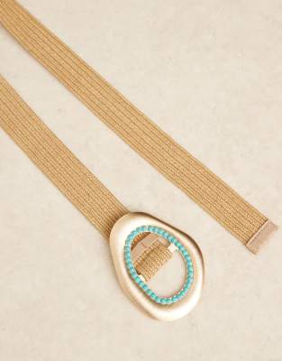 ASOS DESIGN STRAW BELT WITH STATEMENT TURQUOISE AND GOLD BUCKLE-NEUTRAL 