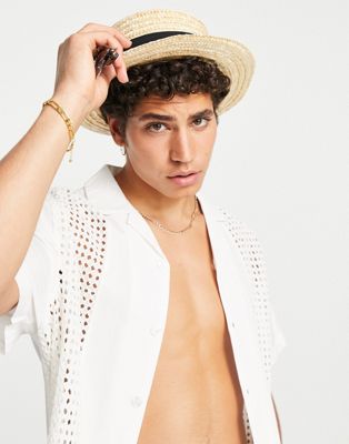 ASOS DESIGN straw boater hat with contrast band and size adjuster in sand - ASOS Price Checker