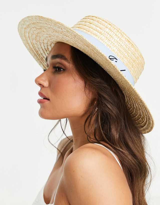 ASOS DESIGN straw boater hat with j'adore embroidery with size adjuster