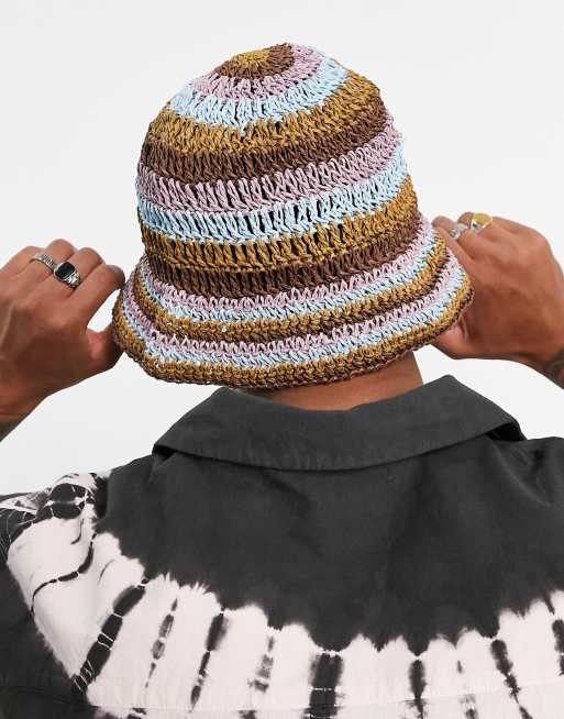 ASOS DESIGN straw bucket hat in multi stripe, 3 of 4