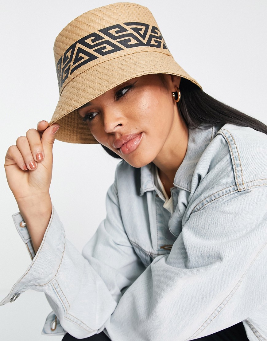 ASOS DESIGN straw bucket hat in with monogram print with size adjuster in neutral