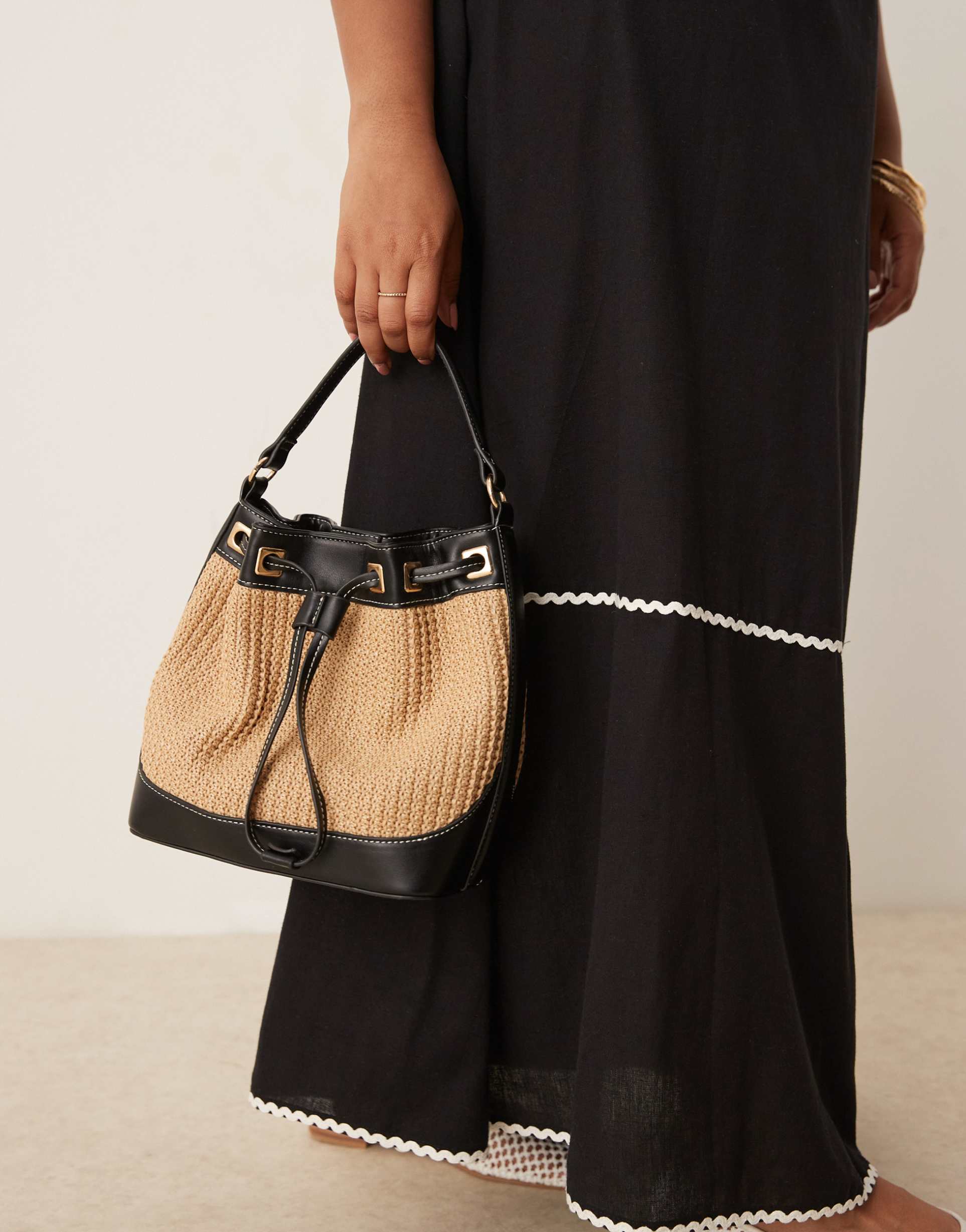 asos design straw bucket shoulder bag with contrast stitching in black