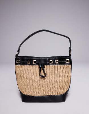 ASOS DESIGN STRAW BUCKET SHOULDER BAG WITH CONTRAST STITCHING 