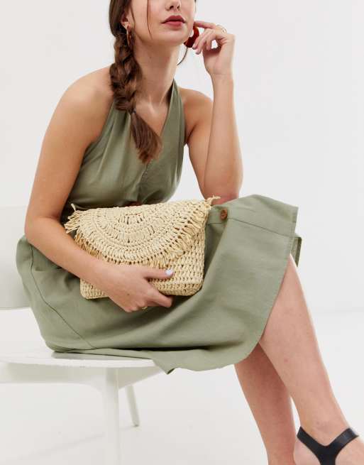 ASOS DESIGN cut out grab clutch bag in green straw